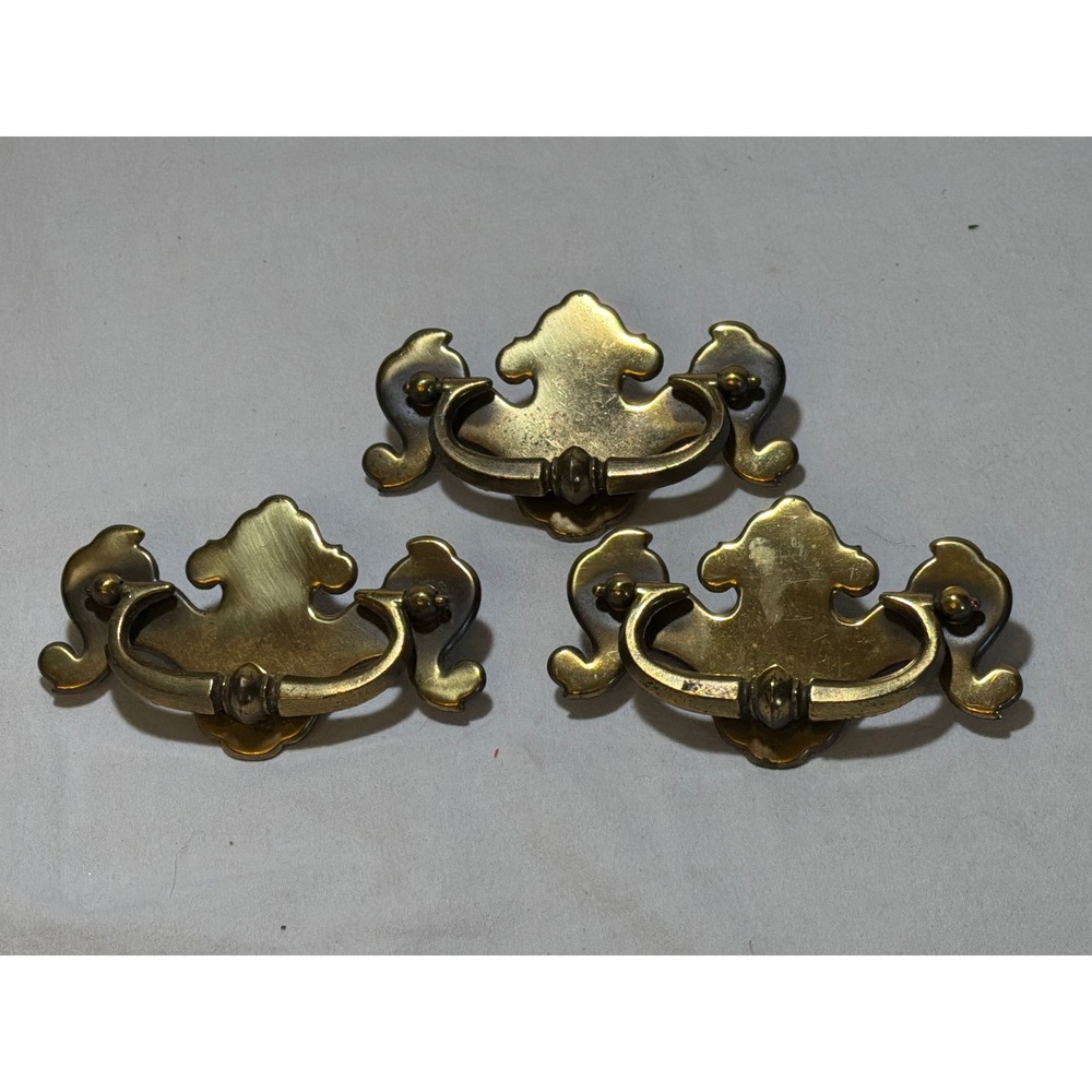 Vintage Brass Batwing Drawer Pulls Chippendale Style Bail Handles Set of 3